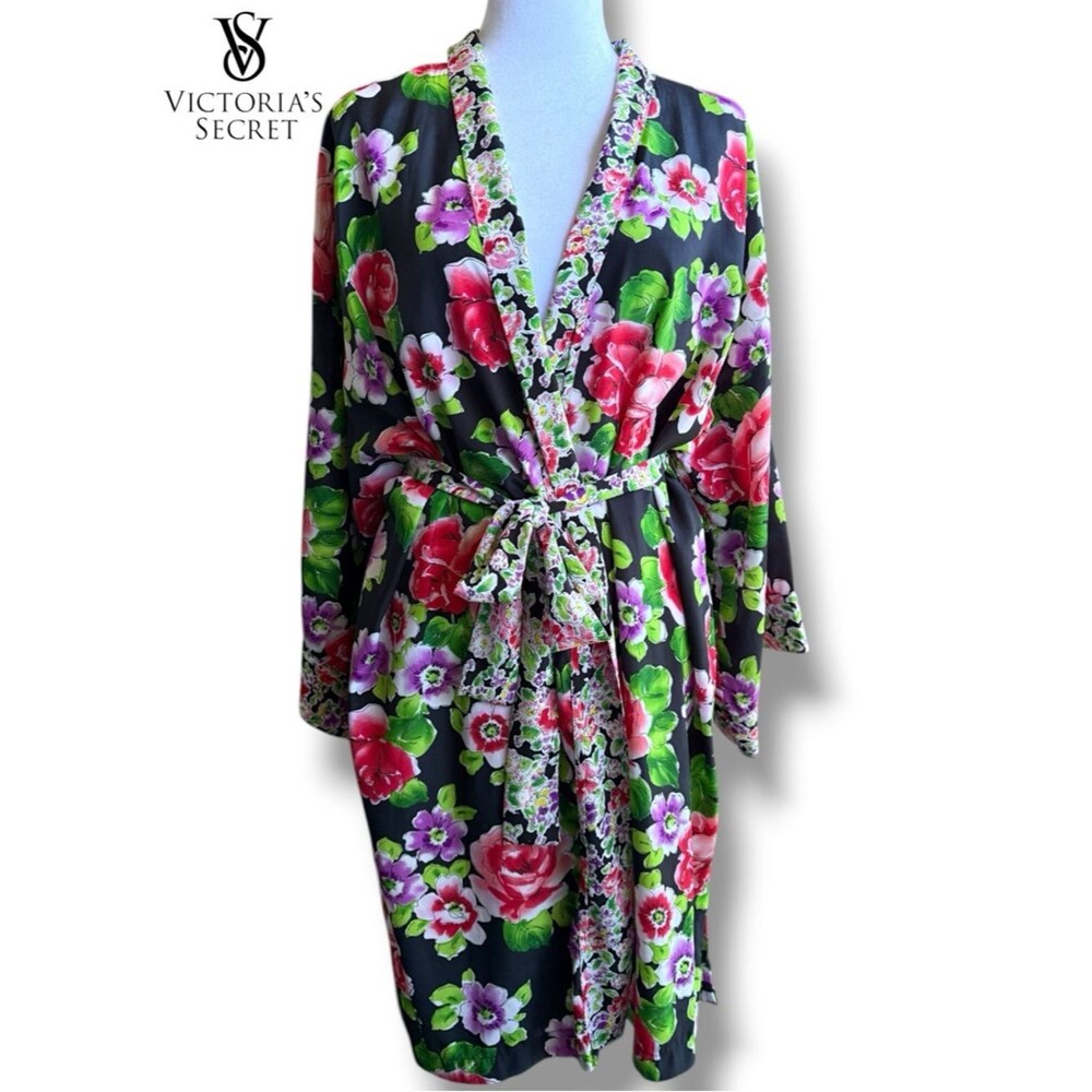 Victoria's Secret Robe Vintage Gold Label Satin Black Floral Kimono Wrap | O/S